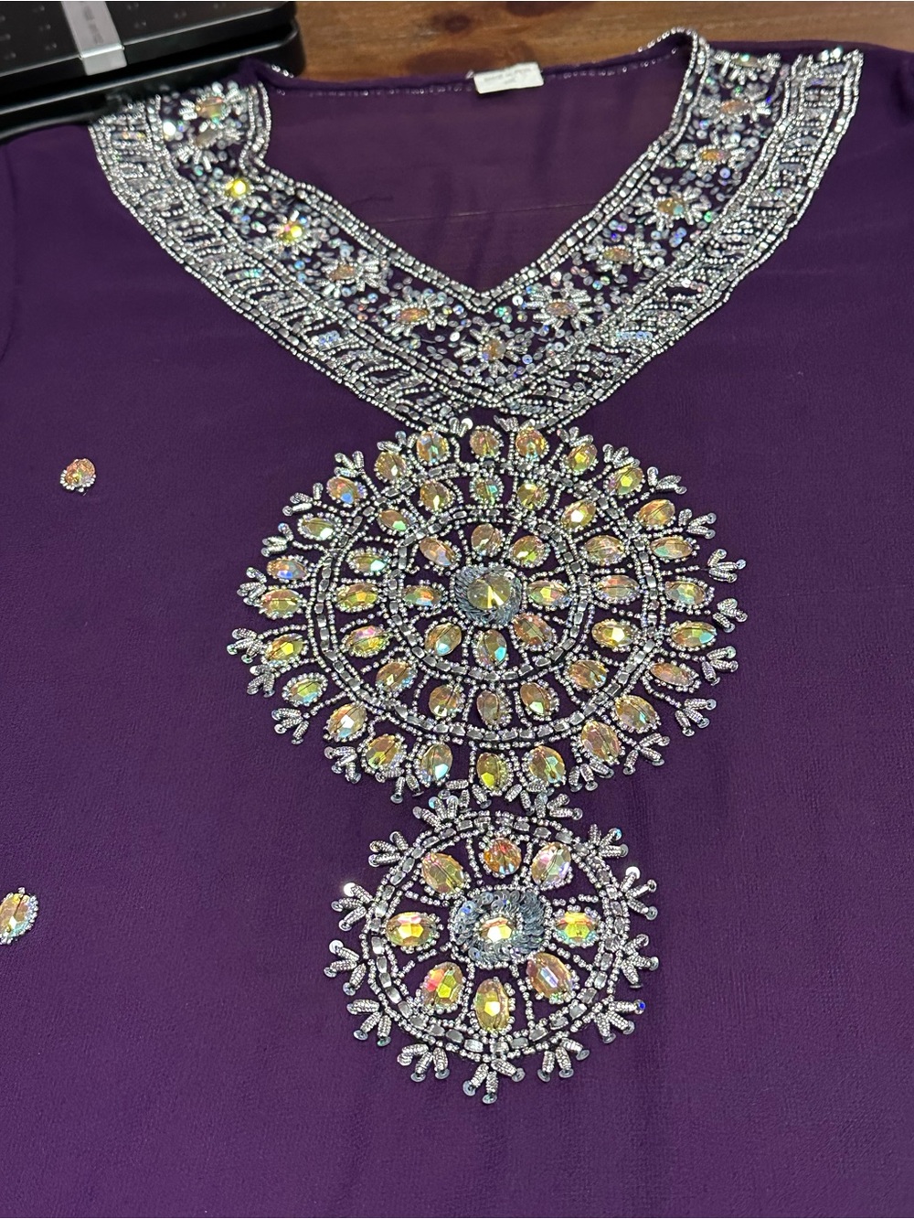 Made in India Embellished Purple Tunic Dress‎ Top 2XL Beaded Sequin Sheer Sleeve - Picture 13 of 14